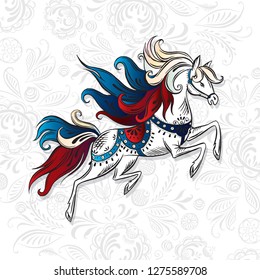 Galloping horse in national  native Russian style with tricolor mane and tale. Gorodets graphics