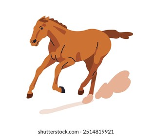 Caballo galopando corriendo rápido. Semental purasangre en movimiento. Poderosa raza equina levantando polvo, corriendo con velocidad, poder. Fuerte corcel. Ilustración vectorial plana aislada sobre fondo blanco