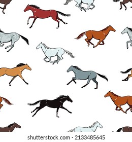 Galloping horse seamless pattern. Equine coat color running motion set. Equestrian animation cartoon hand drawn vector. Wild mustang herd. Bay, sorrel, grey, dun, dapple pony. Silk scarf background svg