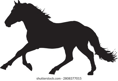 Galloping horse silhouette vector, black stallion running profile, majestic equine animal shape for equestrian branding and logo design
