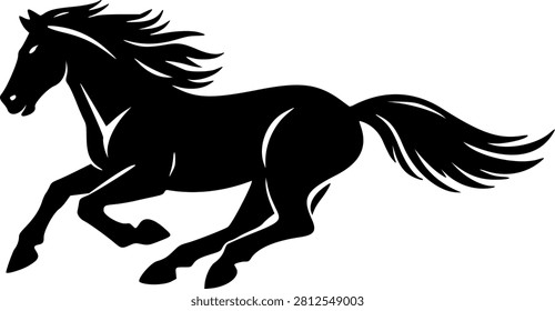 Galloping horse silhouette vector illustration featuring dynamic animal in full stride with flowing mane and tail. High‑contrast black‑and‑white design conveys speed, grace, and freedom. Perfect for equine crafts, t‑shirts, tattoos, Cricut projects, sublimation, and commercial use