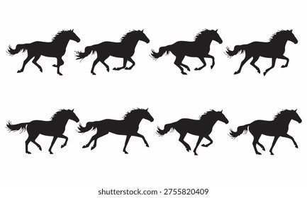 Galloping horse silhouettes - a sequence of eight black horse figures in motion on white background