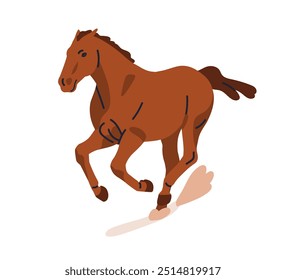 Galloping horse. Thoroughbred stallion running fast, rushing with speed. Strong equine breed kicking up dirt, racing. Free steed in motion. Flat vector illustration isolated on white background