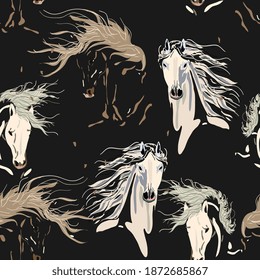 Galloping horse vector seamless pattern. Square beige, cream, black color background. Surface design for fabric, wallpaper, wrapping paper.