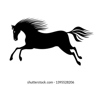 Galloping horse with waving mane and tail. Hand drawing black silhouette vector image.