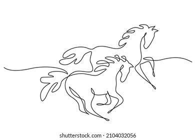 Galloping horses. Continuous one line drawing. Horse logo. Black and white vector illustration. Concept for logo, card, banner, poster, flyer