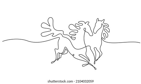 Galloping horses. Continuous one line drawing. Horse logo. Black and white vector illustration. Concept for logo, card, banner, poster, flyer