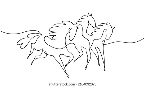 Galloping horses. Continuous one line drawing. Horse logo. Black and white vector illustration. Concept for logo, card, banner, poster, flyer