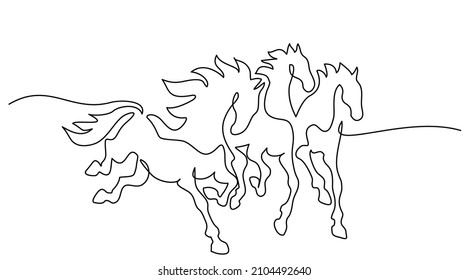 Caballos galopantes. Dibujo continuo de una línea. Logo del caballo. Ilustración vectorial en blanco y negro. Concepto de logotipo, tarjeta, pancarta, afiche, volante