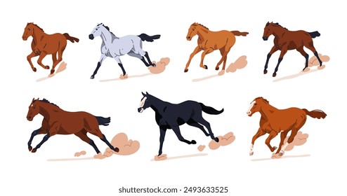 Galloping horses in motion. Thoroughbred stallions racing, running at fast speed. Free wild equine breeds, steeds in action, movement. Flat vector illustrations set isolated on white background