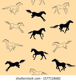 Galloping horses on a beige background - seamless pattern. Silhouettes and linear figures of running horses of black color on ivory background - vector texture for fabric or paper.