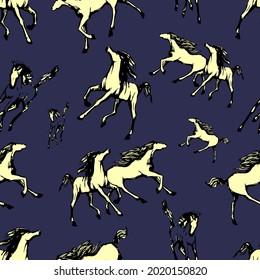 Galloping horses on blue background . Drawn seamless pattern. Silhouettes and linear figures of running horses of black and yellow color. Vector texture, print illustration