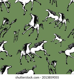 Galloping horses on green background . Drawn seamless pattern. Silhouettes and linear figures of running horses of black and white color. Vector texture, print illustration