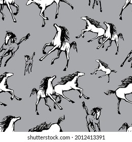Galloping horses on grey background . Drawn seamless pattern. Silhouettes and linear figures of running horses of black and white color. Vector texture, print illustration
