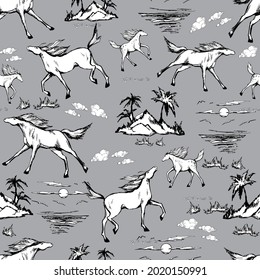 Galloping horses on grey background . Drawn seamless pattern. Silhouettes and linear figures of running horses of black and white color. Vector texture, print illustration