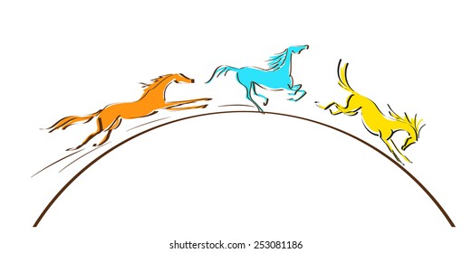 Galloping horses on white background. Line drawing. Vector