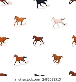 Galloping horses, seamless equine pattern. Endless background, texture design with running rushing tiny stallions. Repeating animal print for fabric, textile, wrapping. Flat vector illustration