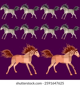 Galloping horses seamless pattern on purple background in vector.