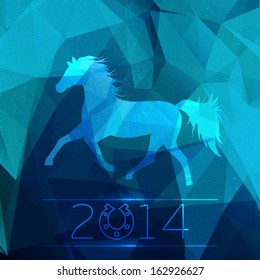 Galloping ice horse consisting of triangles on a blue triangle background. The perfect new-year greeting card for 2014.