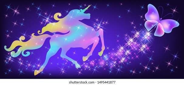 Galloping iridescent unicorn with luxurious winding mane and flying butterfly against the background of the fantasy universe with sparkling stars 