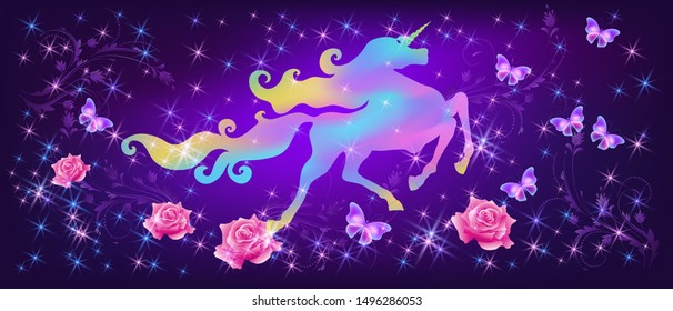 Galloping iridescent unicorn with luxurious winding mane and flying butterflies against the background of the fantasy universe with sparkling stars and pink roses