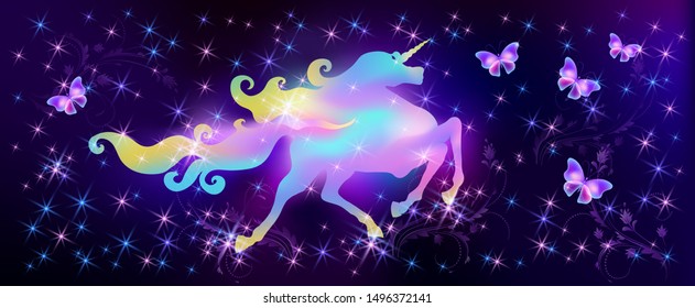 Galloping iridescent unicorn with luxurious winding mane and flying butterflies against the background of the fantasy universe with sparkling stars 