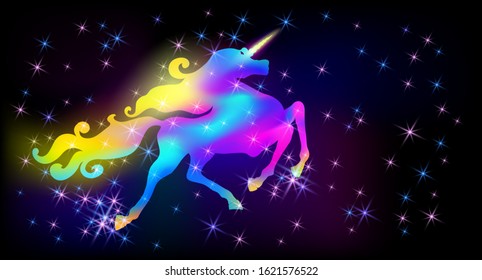 Galloping iridescent unicorn with luxurious winding mane prancing against the background of the fantasy universe with sparkling shining and glowing stars