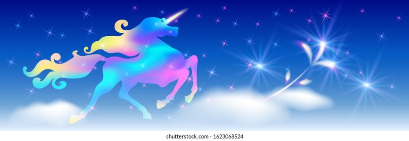 Galloping iridescent unicorn with luxurious winding mane prancing against the background of the fantasy universe with sparkling shining stars and glowing flowers