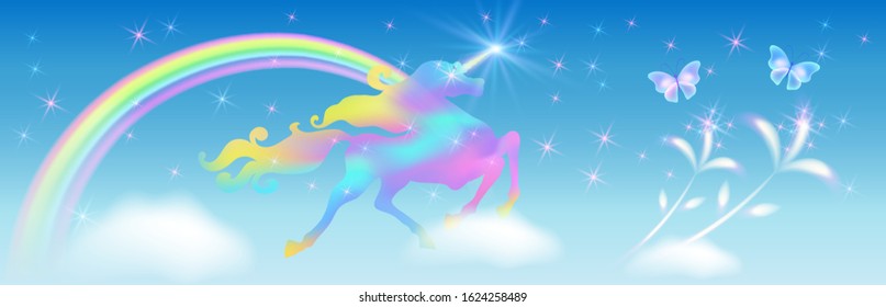 Galloping iridescent unicorn with luxurious winding mane prancing against the background of the fantasy universe with sparkling shining stars, butterflies and glowing flowers