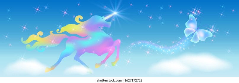 Galloping iridescent unicorn with luxurious winding mane and flying butterfly against the background of the fantasy universe with sparkling stars