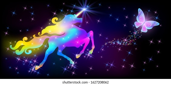 Galloping iridescent unicorn with luxurious winding mane and flying butterfly against the background of the fantasy universe with sparkling stars 