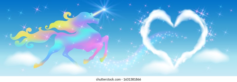 Galloping iridescent unicorn with luxurious winding mane and cloud in form valentine heart against the background of the fantasy universe with sparkling stars