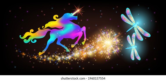 Galloping iridescent unicorn with luxurious winding mane and flying magic dragonfly against the background of the fantasy universe with sparkling shine stars.