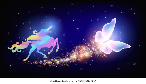 Galloping iridescent unicorn with luxurious winding mane and flying magic butterfly against the background of the fantasy universe with sparkling shine stars.