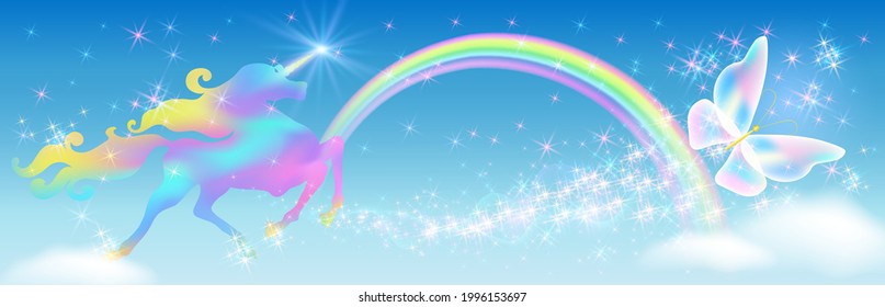 Galloping iridescent Unicorn with luxurious winding mane and flying fairytale butterfly against the background of the fantasy universe with sparkling stars, clouds and rainbow