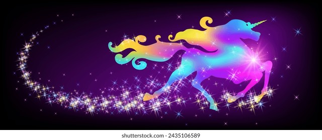 Galloping iridescent unicorn with luxurious winding mane against the background of the fantasy universe with sparkling stars.