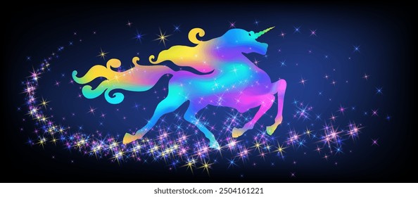 Galloping iridescent unicorn with luxurious winding mane against the background of the fantasy universe with sparkling stars.