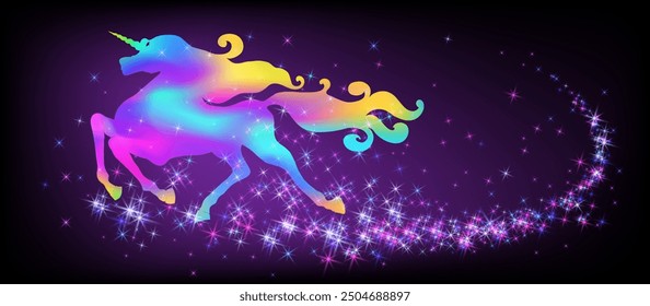 Galloping iridescent unicorn with luxurious winding mane against the background of the fantasy universe with sparkling stars.