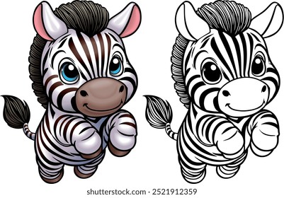 galloping little cartoon zebra foal, color and monochrome vector illustration