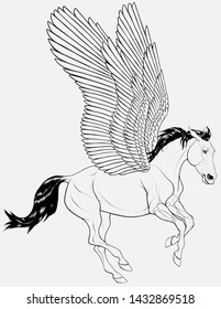 Galloping Pegasus is preparing to fly. Mythological horse spread its wings and leaping fast. Vector line art, decoration element for fairy tales, fantasy goods.