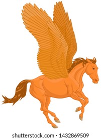 Galloping Pegasus is preparing for takeoff. Mythological pale yellow horse spread its wings and leaping fast. Vector clip art, decoration element for fairy tales, fantasy goods.