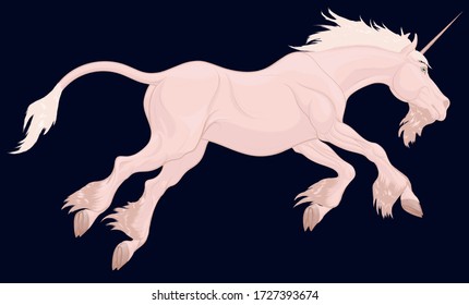 Galloping pink unicorn with long white mane. Heraldic horned horse runs, lowering its head. Fictional creature from legends.