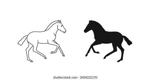Galloping pony colt, cector line art and silhouette