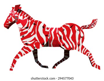A galloping red zebra, low poly vector illustration.