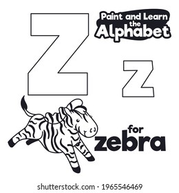 Galloping striped zebra with letter Z majuscule and minuscule ready to be colored, for didactic alphabet learning.