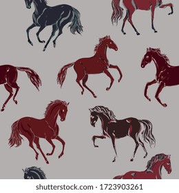 Galloping, trotting and walking horses of red purple colors on a grey background. Seamless vector patten with running animals. Square repeating template for fabric and wallpaper.