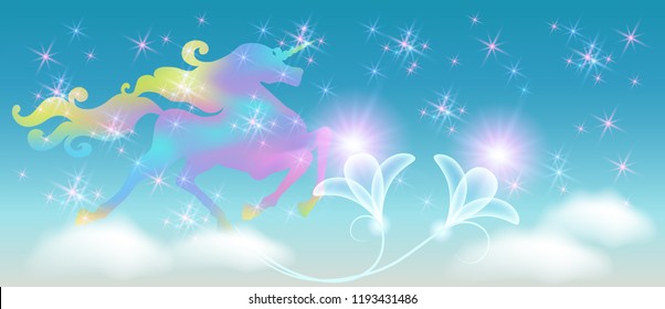 Galloping unicorn in the clouds sky with luxurious winding mane against the background of the iridescent universe with sparkling stars and transparent flowers