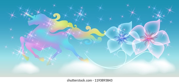 Galloping unicorn in the clouds sky with luxurious winding mane against the background of the iridescent universe with sparkling stars and transparent flowers