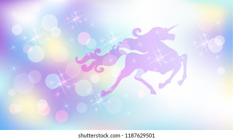 Galloping unicorn with luxurious winding mane against the background of the iridescent universe with sparkling stars