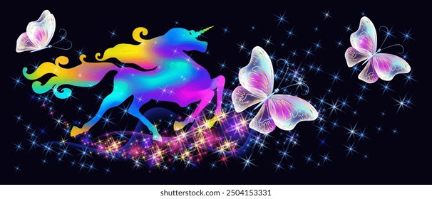 Galloping unicorn with luxurious winding mane and flying magic butterflies against the background of the fantasy universe with sparkling stars.	